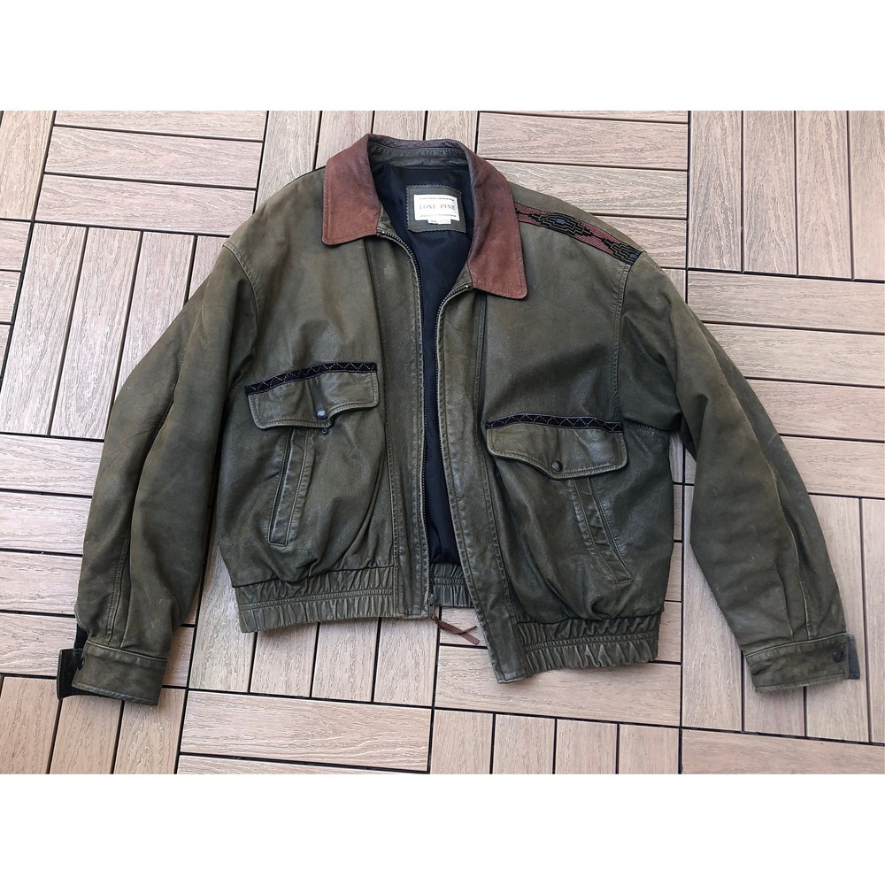 90's LONE PINE taupe green nubuck leather bomber pilot jacket with Aztec trim